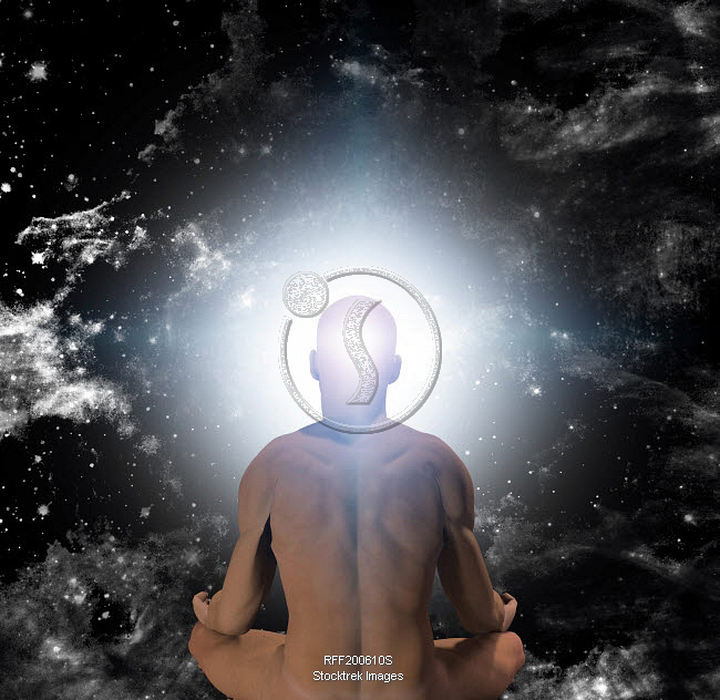 Surrealism Naked Man In Lotus Pose Sits Before Endless Universe