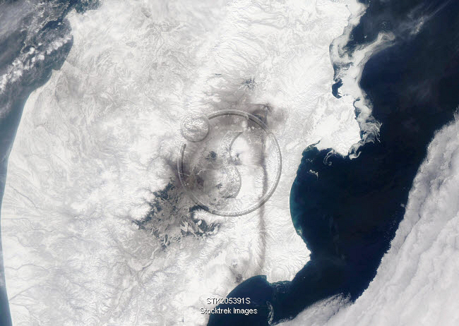 Satellite Image Of Shiveluch Volcano Ash Plume Drifting Over The